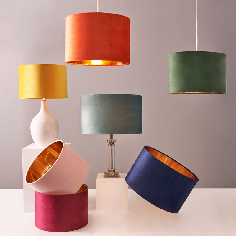 velvet lampshades in a variety of vibrant colours