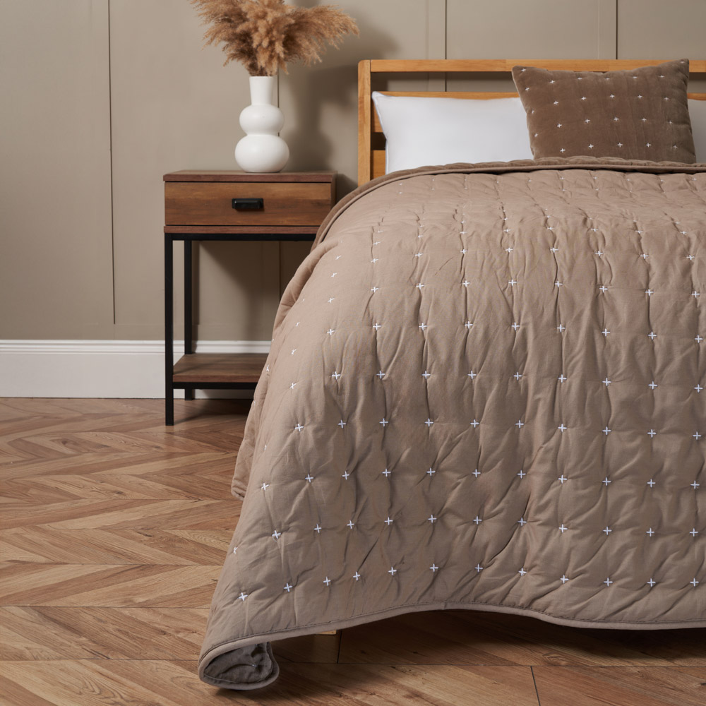 Cross Stitch Quilted Bedspread, Taupe