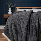 Cable Knit Throw with Sherpa Backing, Charcoal Styled on Bed