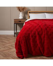 Checkerboard Throw with Sherpa, Red on end of bed