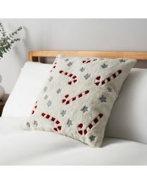 Christmas Candy Cane Cushion, Cream on bed