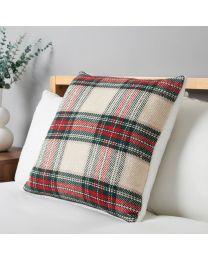 Christmas Check Cushion with Sherpa Back, Multi-Coloured on bed