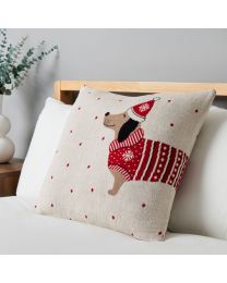 Christmas Santa Paws Cushion, White on bed