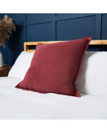 Cotton Cushion with Frayed Edge, Burgundy Styled on Bed