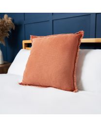 Cotton Cushion with Frayed Edge, Terracotta Styled on Bed