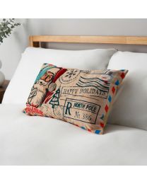 Father Christmas Letter Cushion, Beige on bed on bed