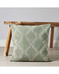 Floral Embroidered Cushion, Sage on floor