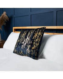 Foil Print Cushion, Navy & Gold Styled on Bed