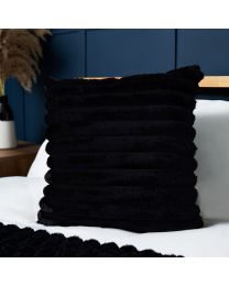 Jumbo Cord 45cm Cushion with Plain Velvet Backing, Black Styled on Bed