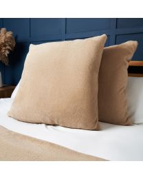 Large Microfleece Cushion, Latte Styled on Bed