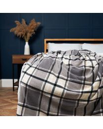 Luxury Warm Check Throw with Sherpa, Grey Styled on Bed