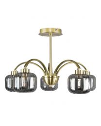 Lyna Large Semi Flush Ceiling Light with Smoked Glass Shades, Satin Brass