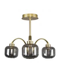Lyna Small Semi Flush Ceiling Light with Smoked Glass Shades, Satin Brass