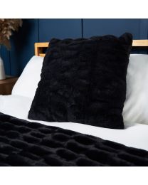 Ruched Faux Fur Cushion, Black Styled on Bed