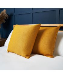 Snow Fleece Cushion, Ochre Styled on Bed