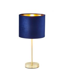 Velvet Table Lamp, Navy and Brass lit on white