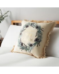 Wish You A Merry Christmas Cushion With Foil Design and Fringe Trim, Cream
