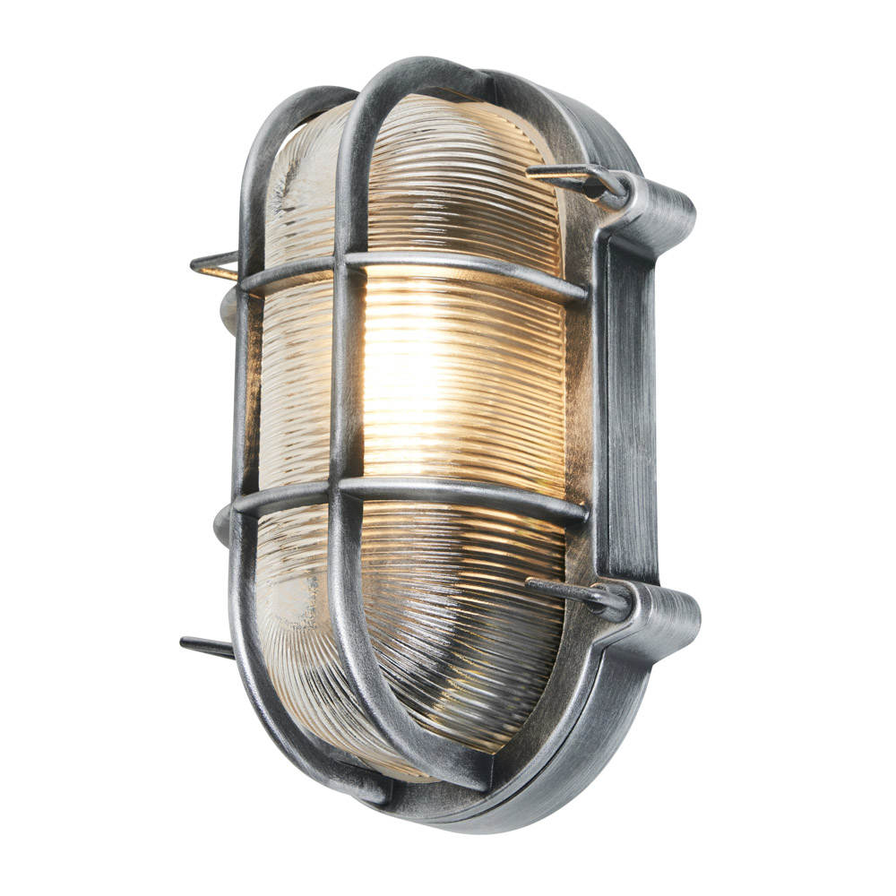 Mika Outdoor Caged Oval Bulkhead Wall Light, Silver