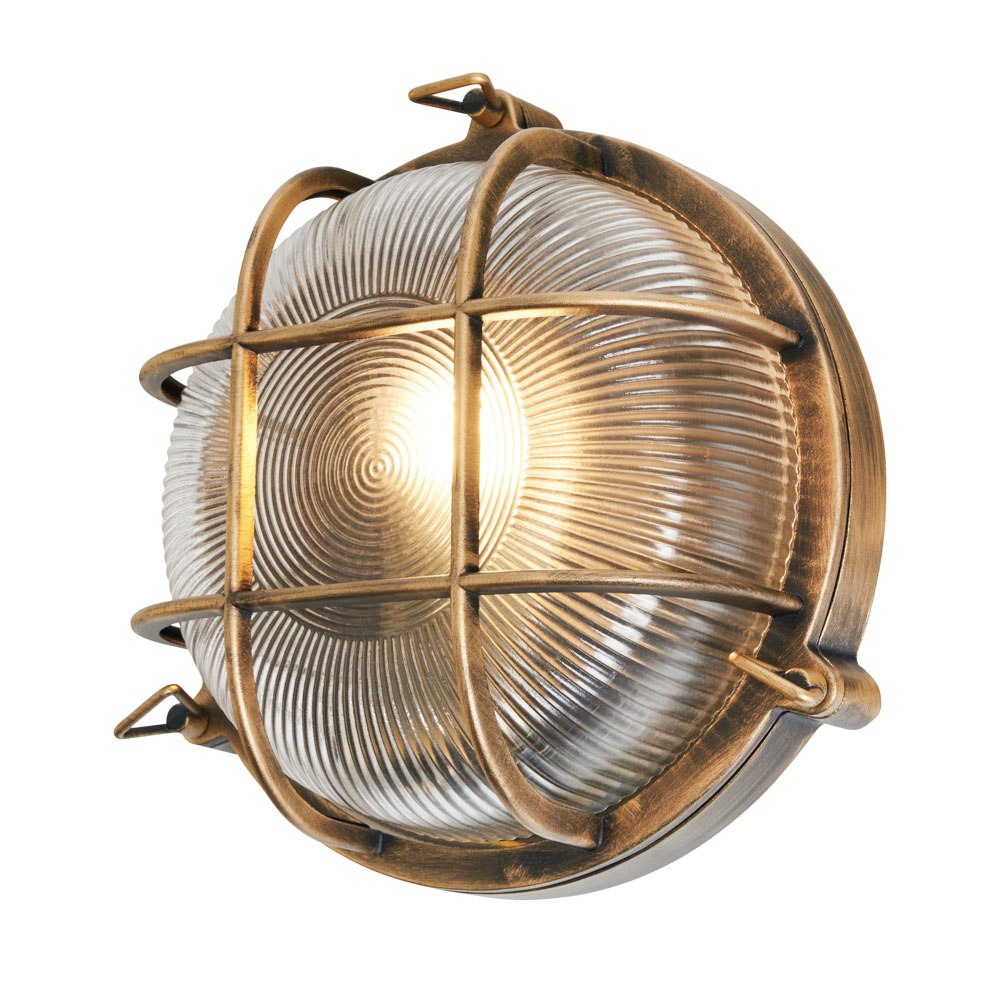 Mika Outdoor Caged Round Bulkhead Wall Light, Gold