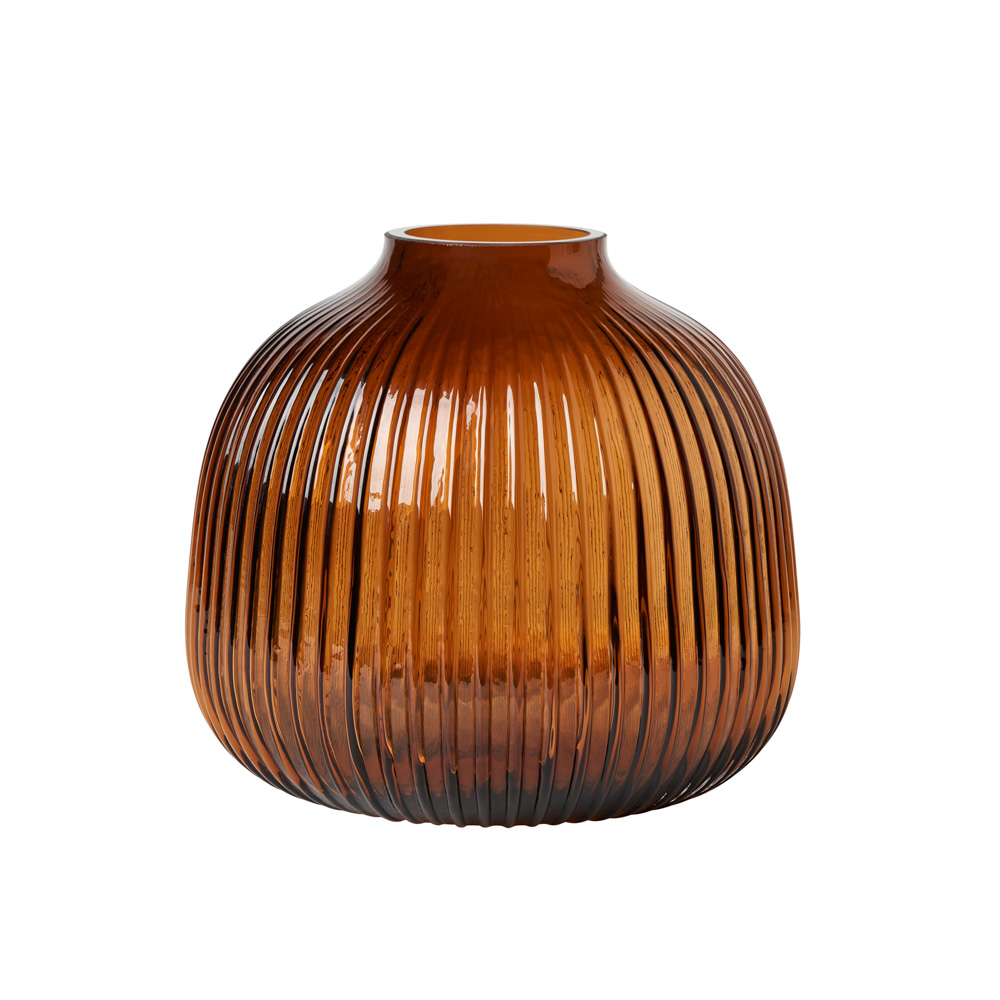 Cognac Ribbed Glass Vase, Amber