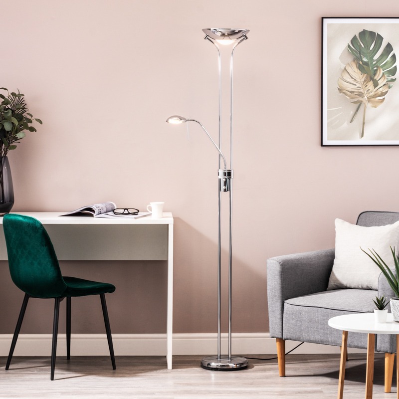mother and child floor lamp in chrome on pink background
